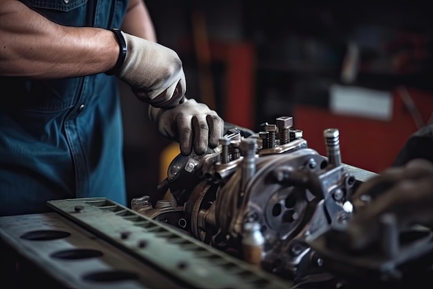 Car mechanic wearing gloves using wrench while working on car Car auto services and maintenance check concept