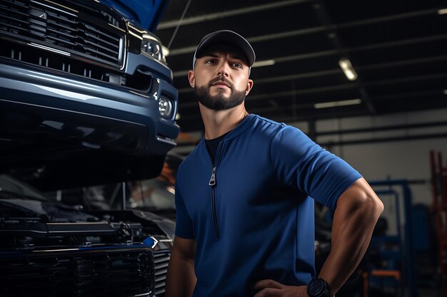 Car mechanic worker wearing a blue uniform and a cap standing under the car in a modern garage room