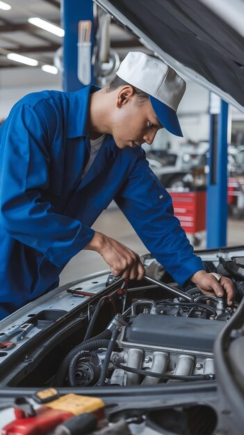 Car mechanic working on car engine car mntenance concept