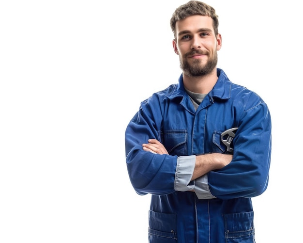 Car Mechanic Young attractive mechanic in coverall with crossed arms and wrenches on white