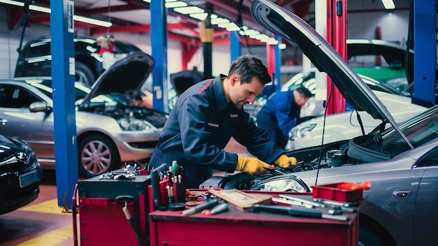 Car mechanist making car service