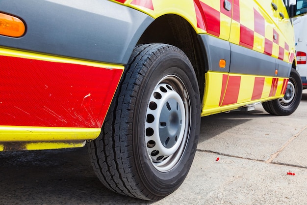 The car of the Ministry of Emergency Situations view of the wheels closeup