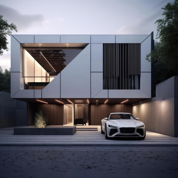 A car next to a modern country house