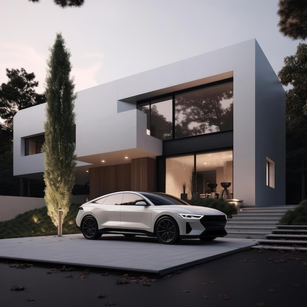 A car next to a modern country house