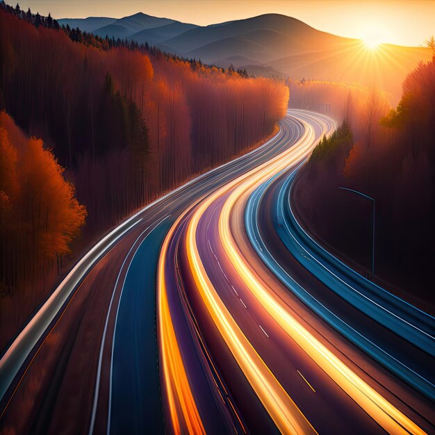 Car moving fast on motorway road to city motion blur