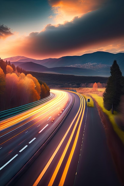 Car moving fast on motorway road to city motion blur