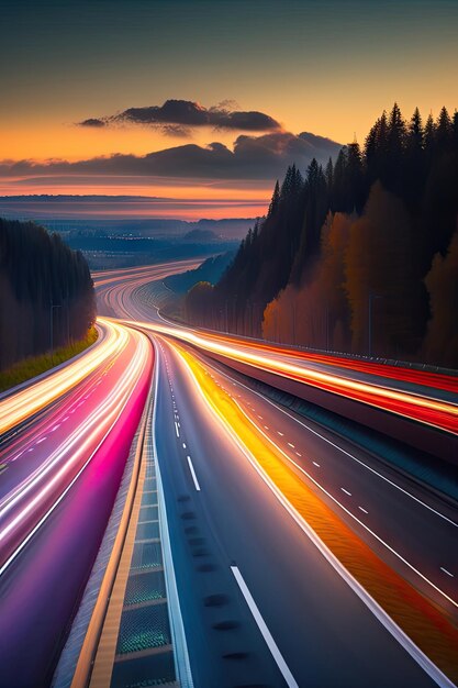 Car moving fast on motorway road to city motion blur