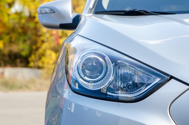 Car in nature. Car headlight of a gray car