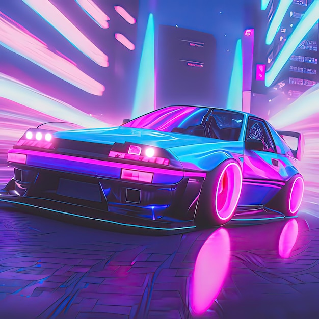 Car in neon colors on the background of the city in a cartoon style High speed racing expensive purchase high resolution art generative artificial intelligence