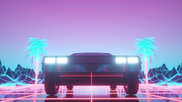 Car in neon cyberpunk style. Retro futuristic car drive through neon city. 3d rendering.