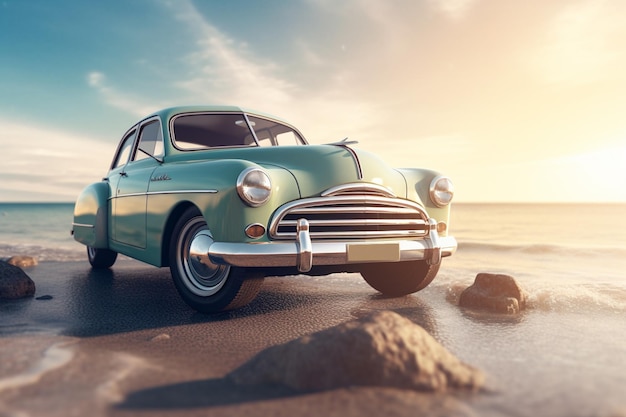 Car next to the ocean in the style of retro with Generative AI