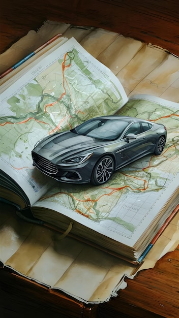 A car on open world map book for travel and world tour planner_ AI generated