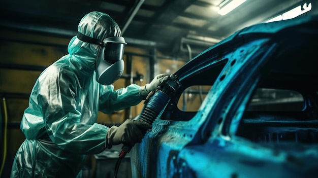 Car painter in protective clothes and mask painting automobile generated ai image