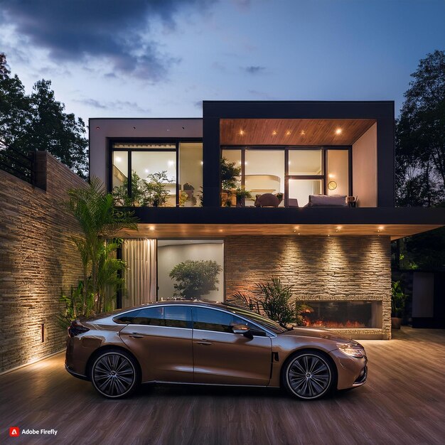 Photo a car parked in front of a house with a car parked outside