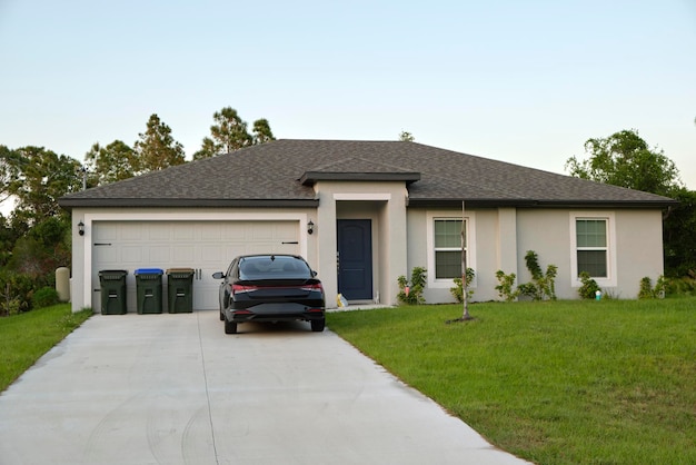 Car parked in front of wide garage double door on concrete driveway of new modern american house