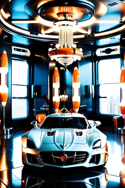 A Car Parked in a Living Room Under a Chandelier