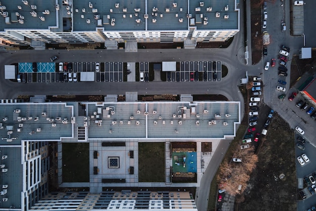 Car parked near residential building top view