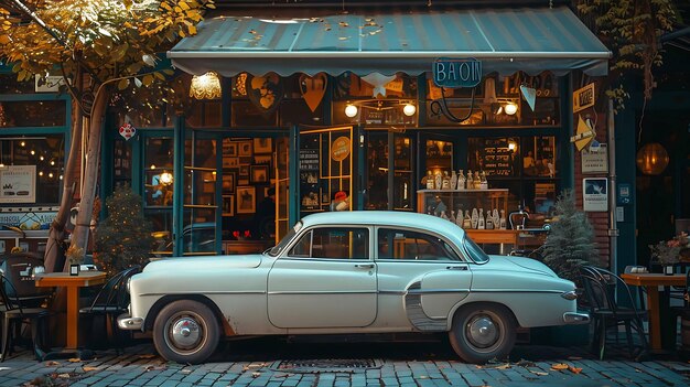 Photo a car parked outside of a store that has a sign that says quot brea quot