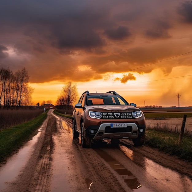 a car parked on the side of a dirt road at sunset with dark clouds in the sky and green grass