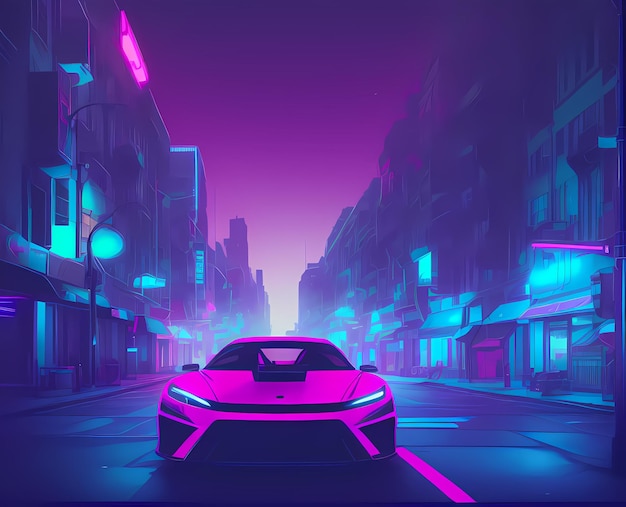 A car parked on the side of a road in a city at night time with neon lights on the buildings Ai