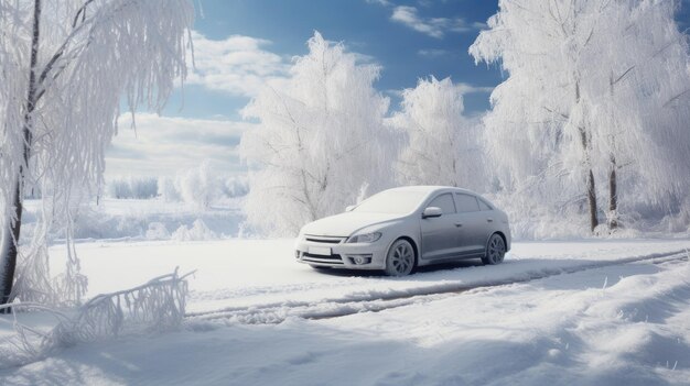 a car parked at the side of a snowcovered road The focus should be on the winter tires displaying