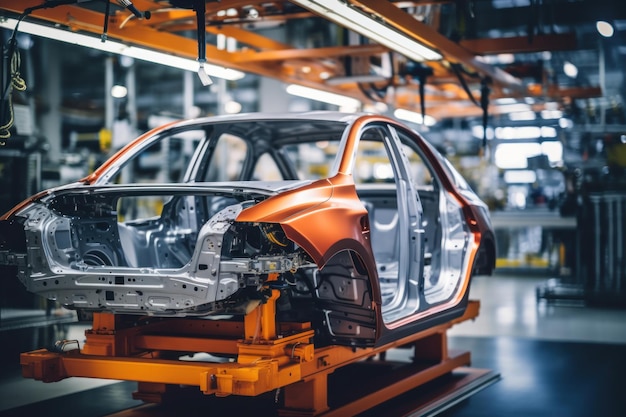 Car production line Assembling a car on a conveyor belt Closeup of a car body