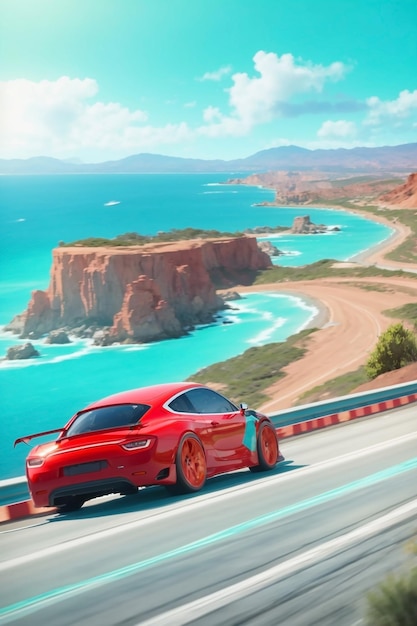 car racing down the road next to a beautiful turquoise sea