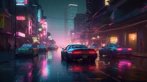 A car in the rain with a neon sign that says neon lights.