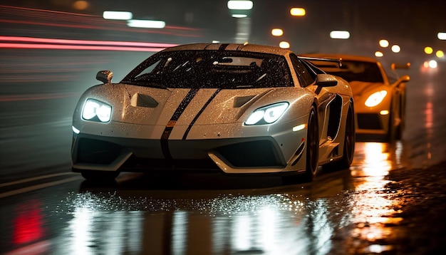 A car in a rainy night with the lights on