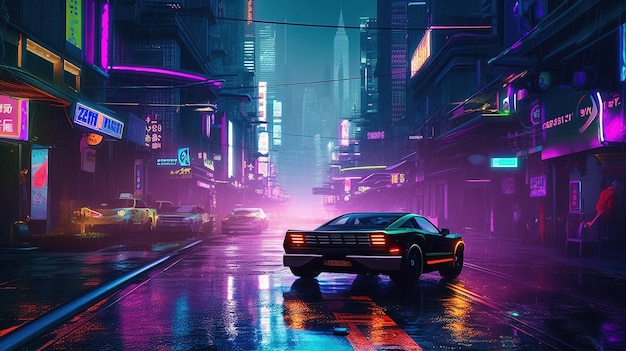 A car on a rainy night