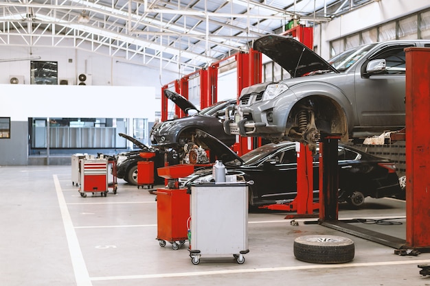 Car repair station with soft-focus and over light in the background