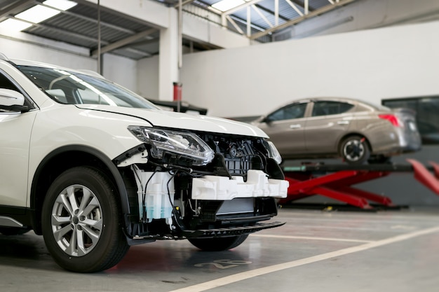 Car repair station with soft-focus and over light in the background