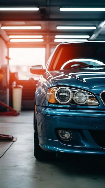 Car repr in garage service station with softfocus and over light in the background