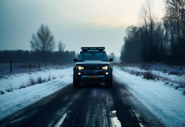 Car on road in winter with snow in background