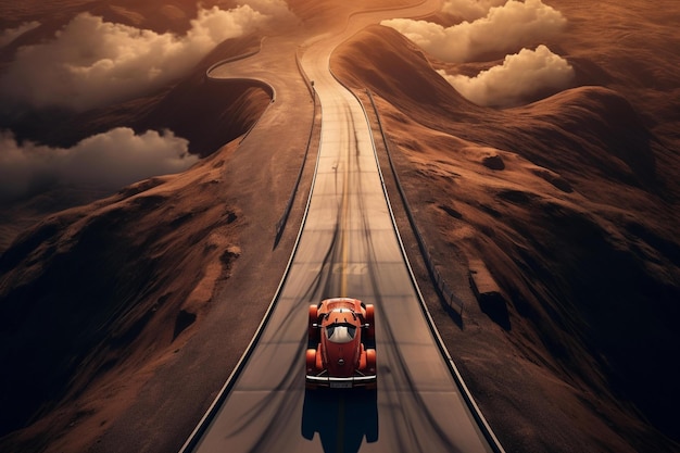 A car on a road with mountains in the background