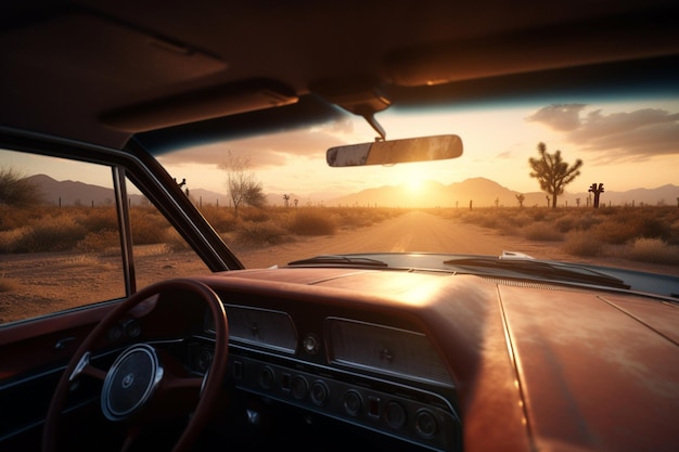 A car on a road with the sun setting behind it