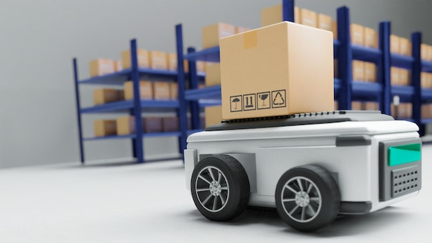 Car Robot transports truck Box with AI interface Object for manufacturing industry technology Product export and import of future Robot cyber in the warehouse by Arm mechanical future technology