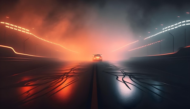 A car on a runway at night with lights on