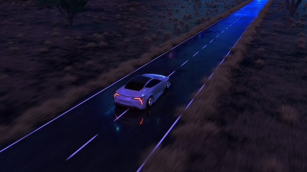 The car rushes at fast speed along the asphalt road along the desert into a fabulous sunset with a magical blue tint. 3d illustration