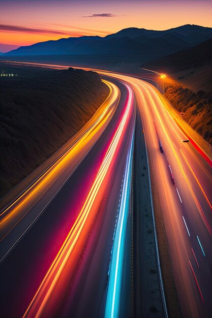 Car rushes highway a night track with colorful lights Car lights night