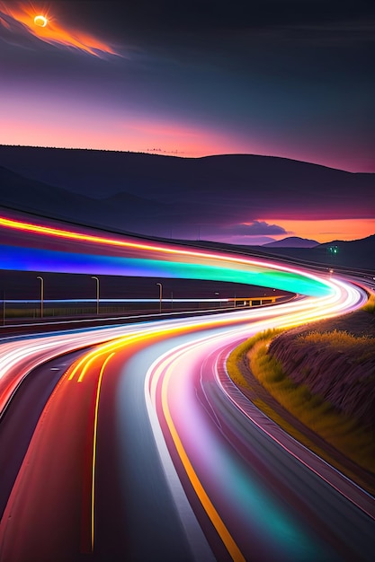 Car rushes highway a night track with colorful lights Car lights night