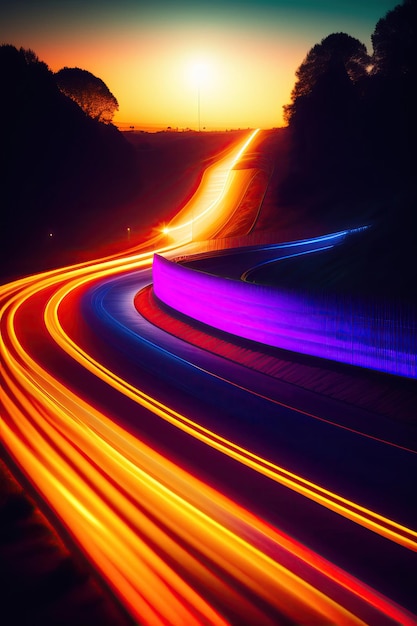 Car rushes highway a night track with colorful lights Car lights night