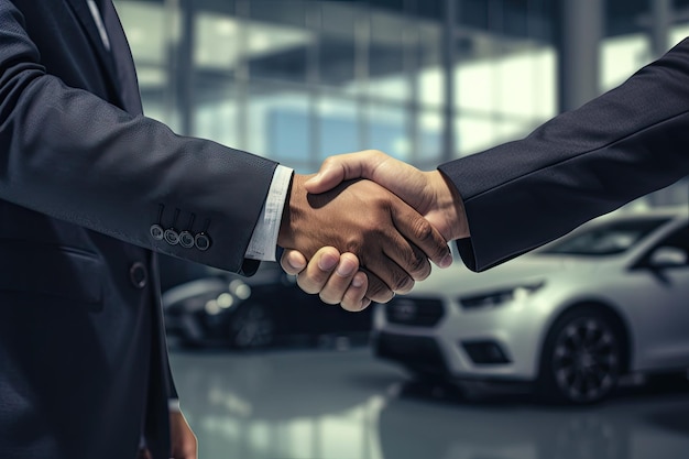 Car salesman closing deal and selling a new car to another man Handshaking the new deal