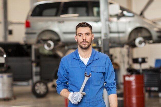 car service, repair, maintenance and people concept - auto mechanic man or smith with wrench at workshop