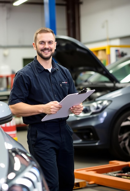 Car service repair maintenance and people concept happy smiling auto mechanic man or smith with clipboard at workshop