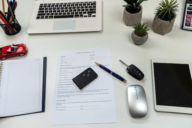 Car signed sales contract on office desk with laptop pen and calculator