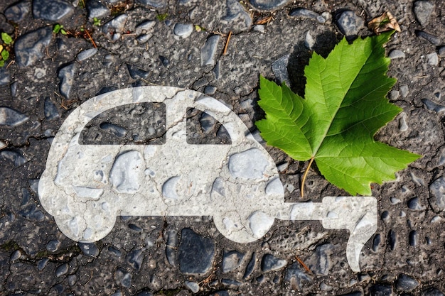 Car silhouette on a stone pavement surrounded by a green maple leaf