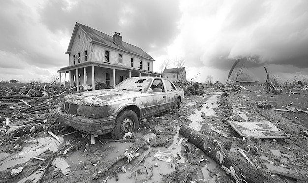 a car sits in a pile of debris in front of a house