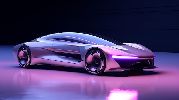 The car in soft lilac color stands on the platform side view Sports car futuristic autonomous vehicle Generative AI