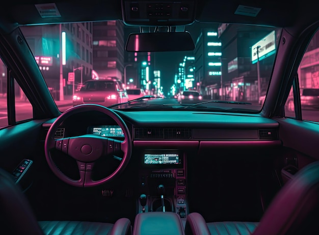 Car speed drive on the road in night city Retro wave neon noir lights color toning